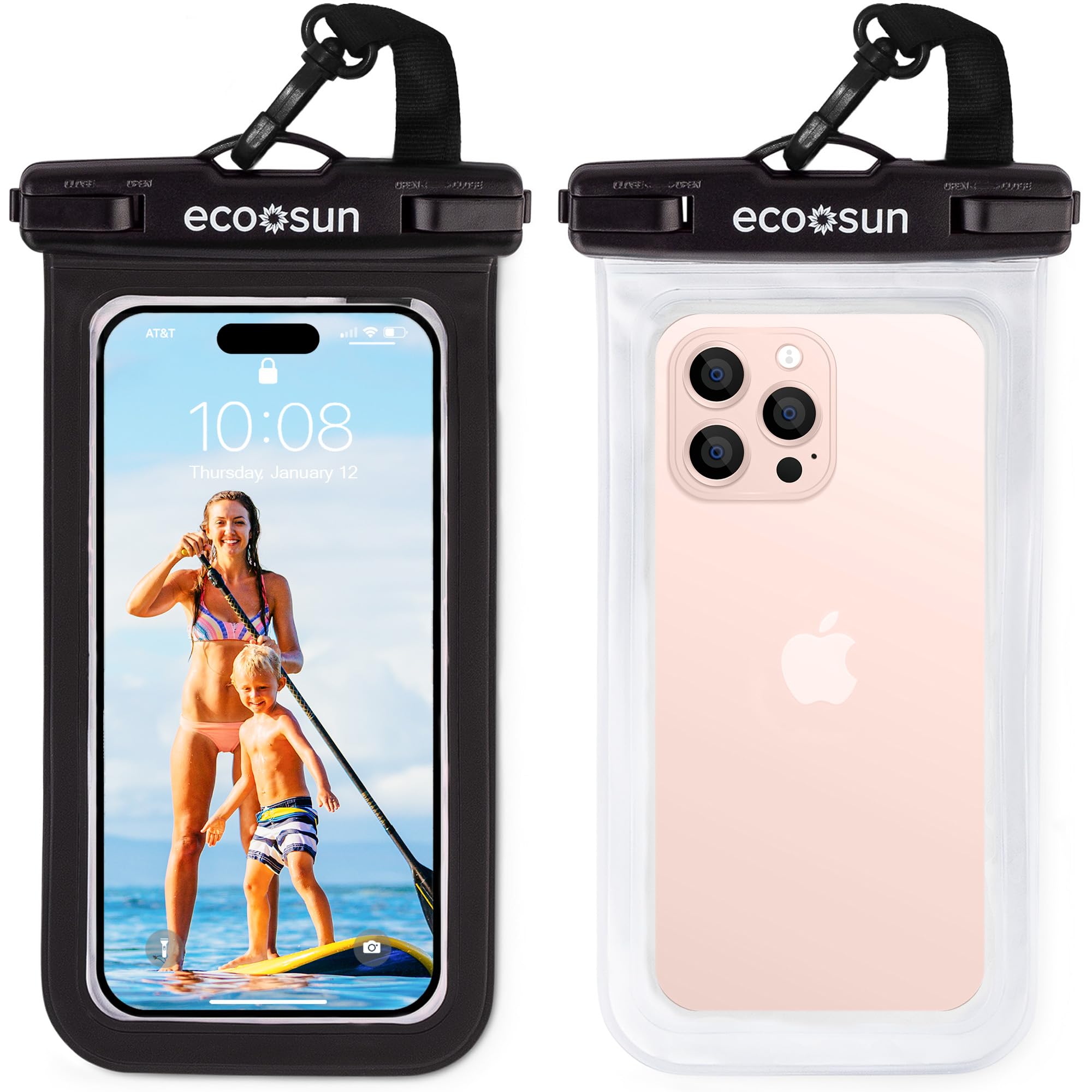 Waterproof Phone Pouch (2-Pack) — Designed in Hawaii — Case Fits All iPhones (incl. 16 Pro Max), Samsung Galaxy S24 Ultra & More Black/Clear