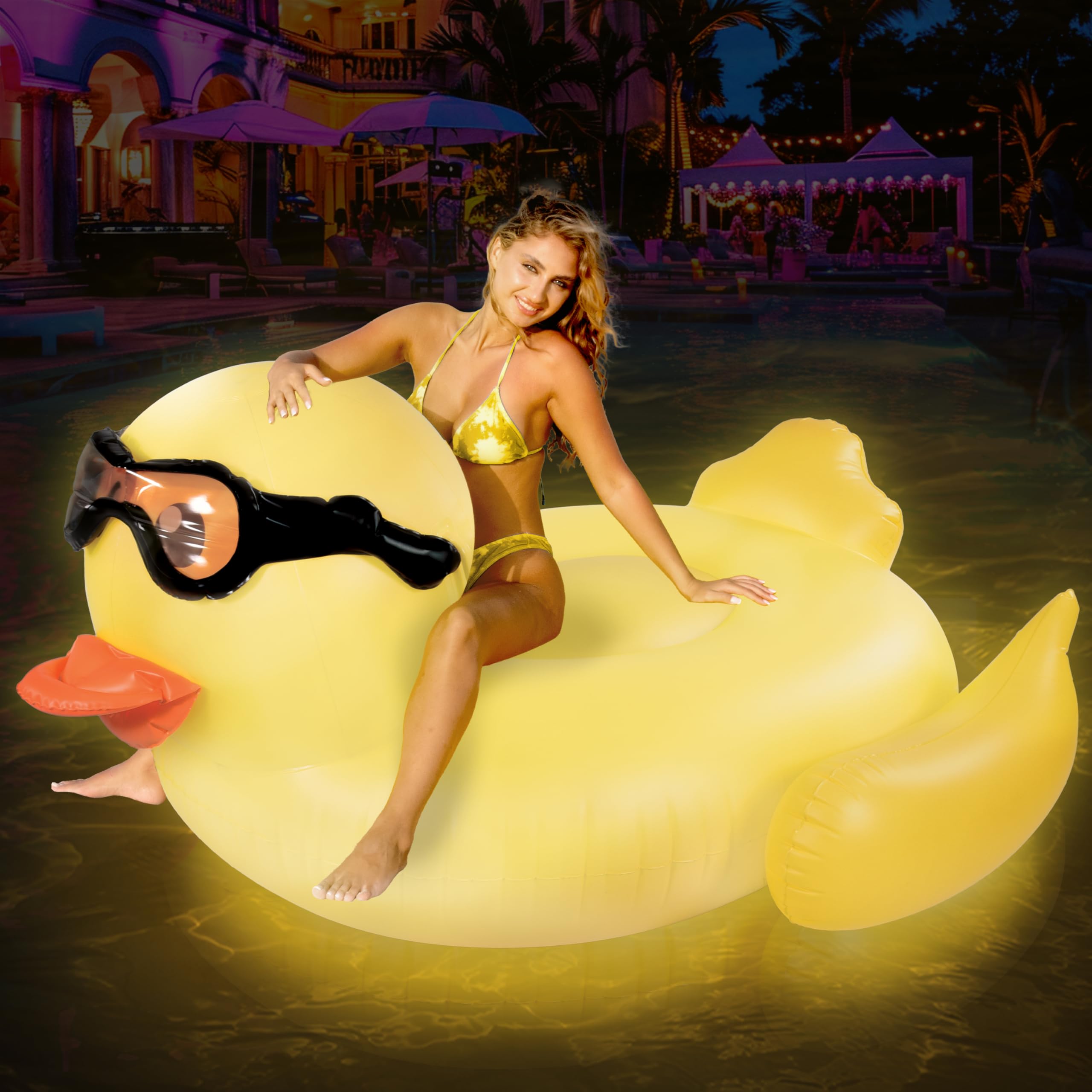 Floatey Giant Inflatable Duck Pool Float with Lights - 65 Inches | RGB Solar Powered LED Duck Float | Yellow Giant Duck Pool Float with Handles & Cup Holder | Fast Valves Rubber Floaties for Adults