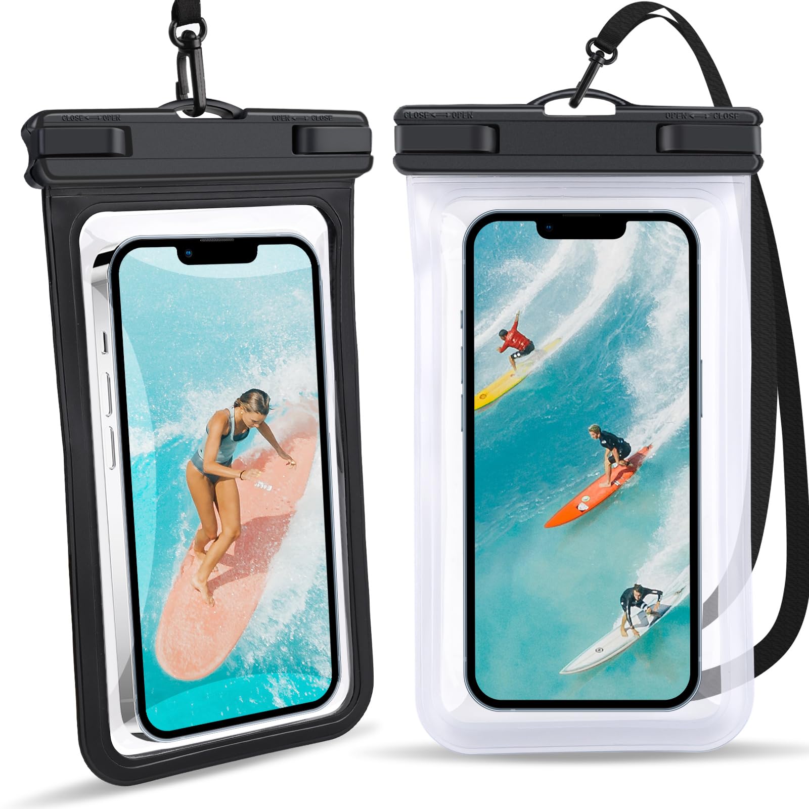 Waterproof Phone Pouch 2 Pack - IPX8 Waterproof Case for iPhone 15 14 13 12 Pro Max Plus Samsung Google Pixel Up to 7.2 inch- Underwater Dry Bag Kayaking Cruise Beach EssentialsClear & Black